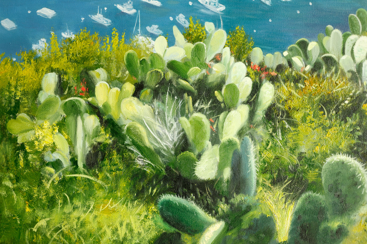 Close-up of cactus shapes and layered brushstrokes in Catalina Island oil painting.