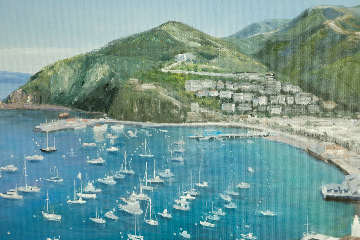 Close-up of Catalina Island oil painting showing the harbor, sailboats, hillside homes and visible brushwork.