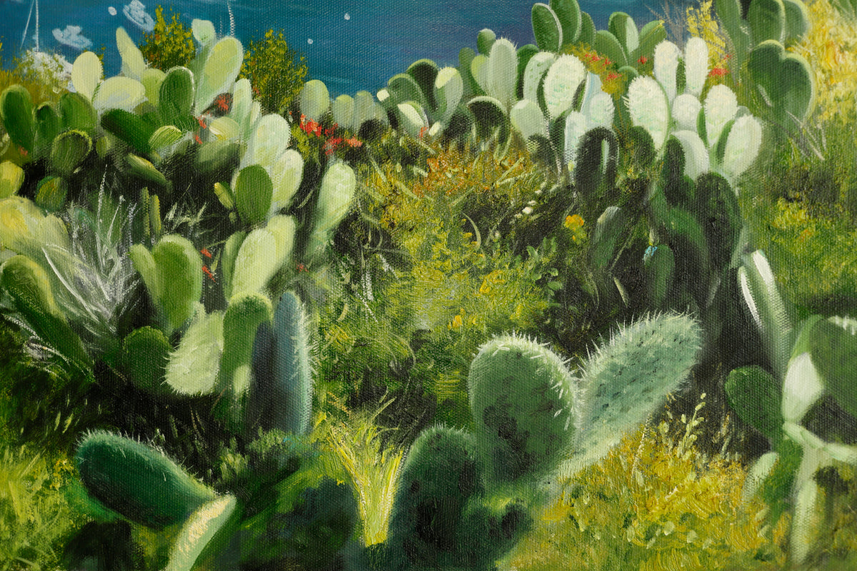 Detail of textured oil paint, green foliage and cactus in Catalina Island oil painting.