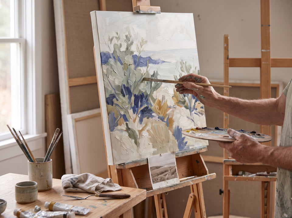 Illustration of an oil-painting process in a light-filled studio